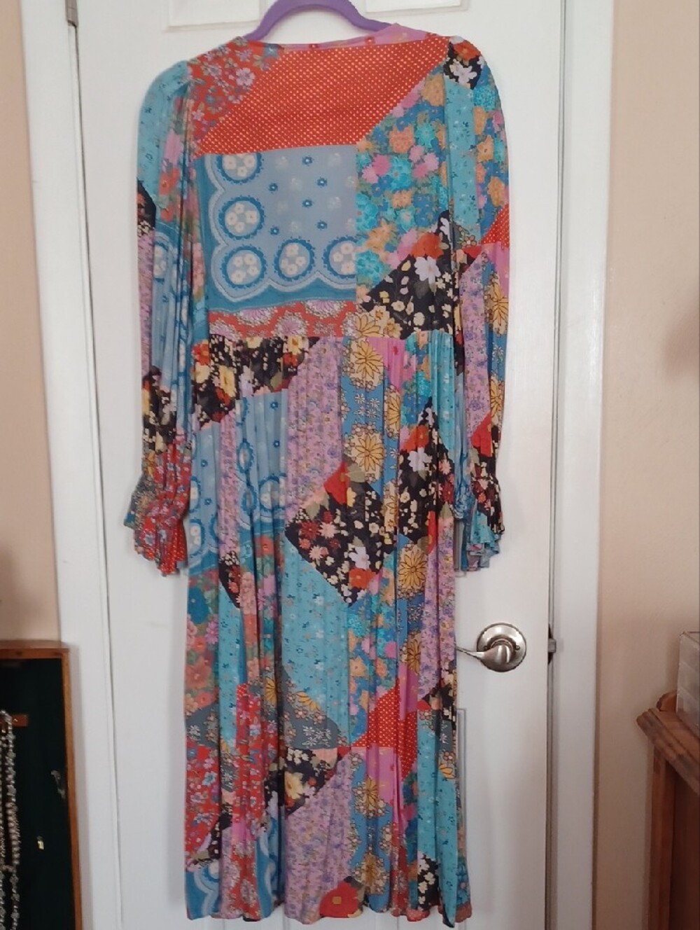 Spell Patchwork Long Sleeve Maxi Dress in Blue, Pink, Red - Picture 3 of 11